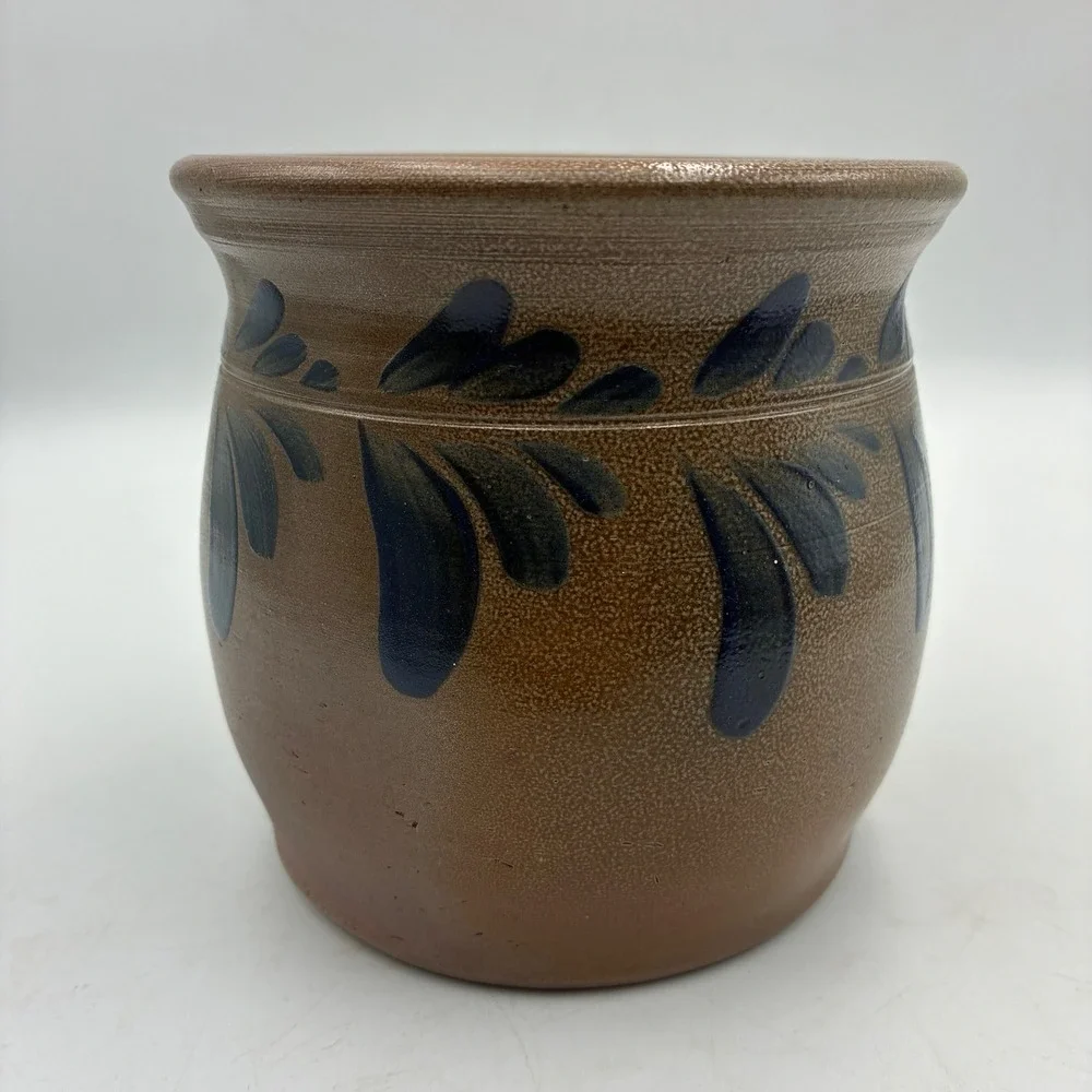 Eldreth Pottery 1992 Salt Glaze Stoneware Canister Blue Cobalt Leaf Wood Lid PA